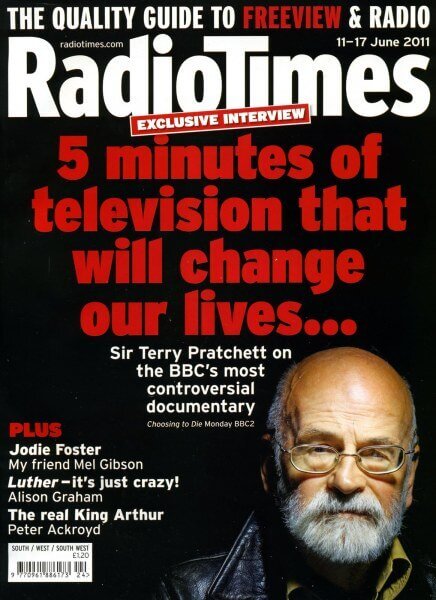 Radio Times magazine with Terry Pratchet on the Cover, with the headline 5 Minutes of Television that will change our lives